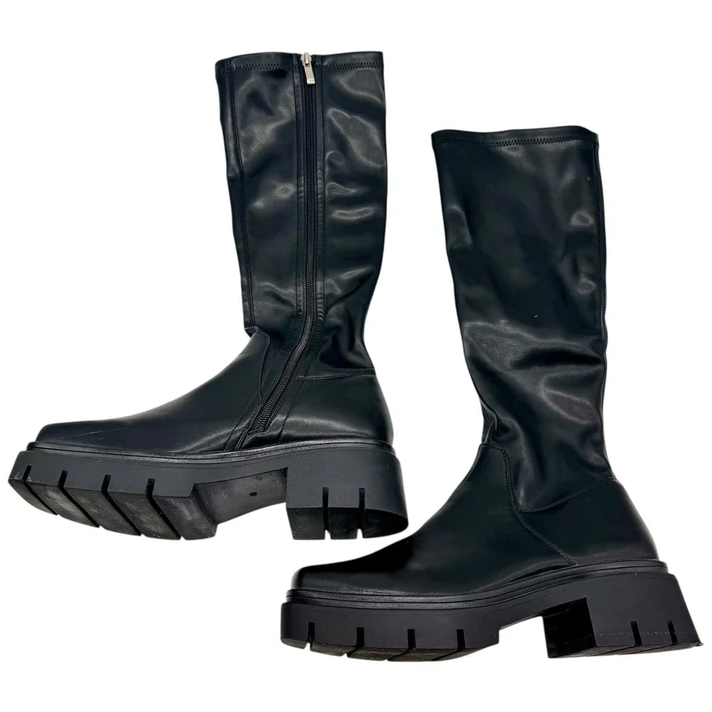 Vivianly Black Platform Chunky Lug Sole Knee High Boots Goth Punk Size 40‎